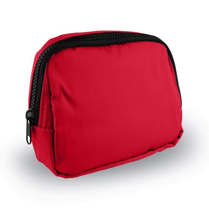 A red belt bag with a black zipper, featuring a small pocket on the side and a textured exterior. It has a logo.