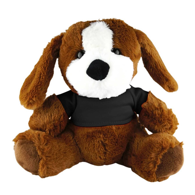 A brown plush dog wearing a black shirt, featuring soft fur and floppy ears, sits upright with a friendly expression.