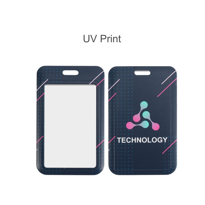 A navy blue ABS single side ID card holder featuring a UV print design with pink and teal accents.
