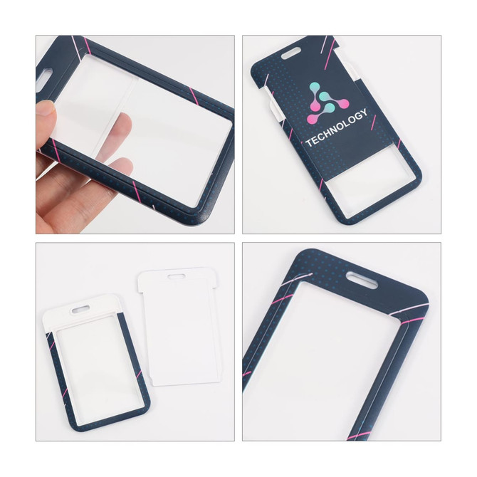 A black and white ABS single side ID card holder with a clear insert and a logo.