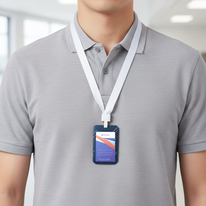 A single-sided ID card holder in blue, attached to a white lanyard, worn around a person's neck.