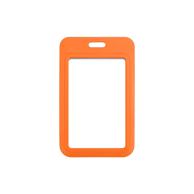 An orange ABS double-sided ID card holder featuring a rectangular shape with a top slot for attachment.