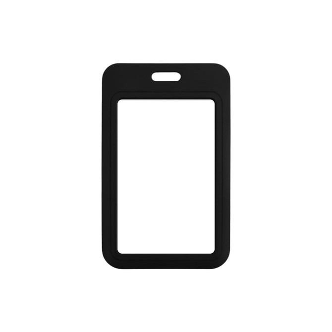A black ABS double-sided ID card holder with a cut-out for the card and a top slot for attachment.