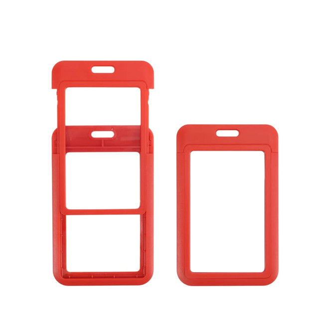 A red ABS double-sided ID card holder, featuring two sections for cards and an opening at the top.