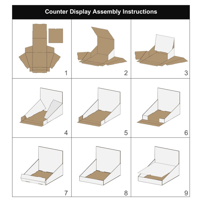 Assembly instructions for a corrugated cardboard counter display, featuring various steps in brown and white cardboard.
