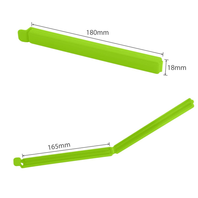 A large green food bag seal clip with two different angles displayed, measuring 180mm and 165mm.
