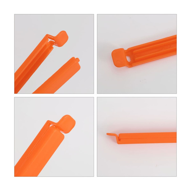 An orange large food bag seal clip displayed from multiple angles, featuring a simple, functional design and a branding logo.