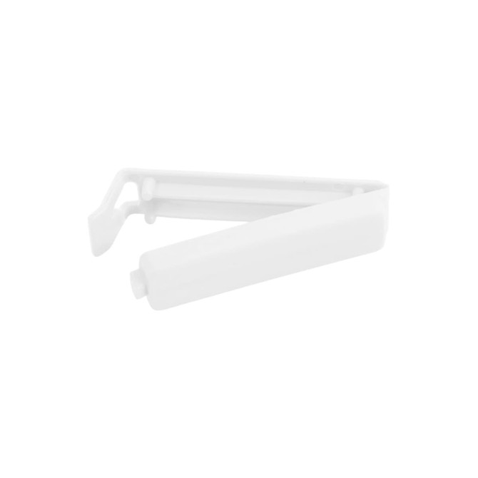 A white small food bag seal clip, featuring a simple design with a pivoting mechanism for sealing bags.