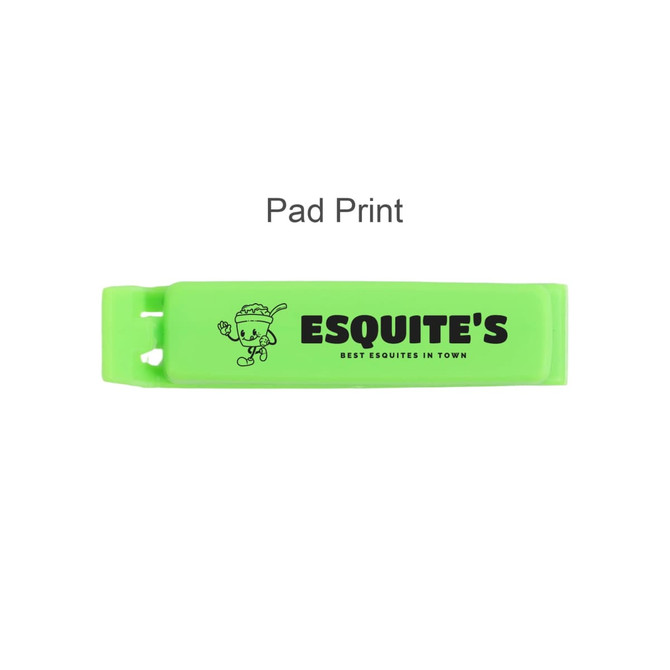 A bright green food bag seal clip featuring a cartoon character and a logo.