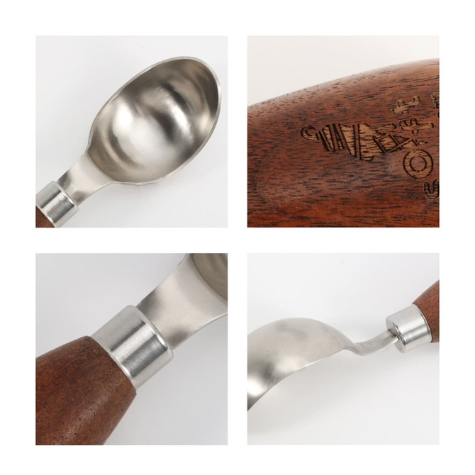 A wood handle ice cream scoop featuring a stainless steel scoop and detailing on the wooden handle.