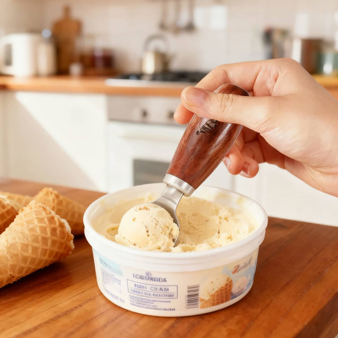 A wood handle ice cream scoop with silver head is being used on a tub of ice cream, beside cone wrappers.