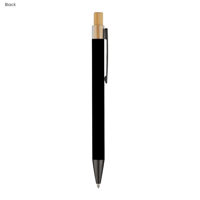 A black metal pen with a natural wood top and a metal clip, featuring a logo.