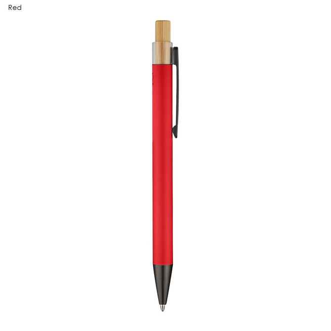 A red metal pen with a wooden clip and silver accents, featuring a logo on the barrel.