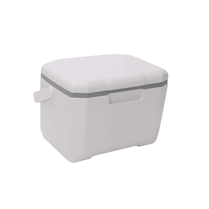 A white 6L cooler box with a grey band and a side handle for easy transport. It has a simple, rectangular design.