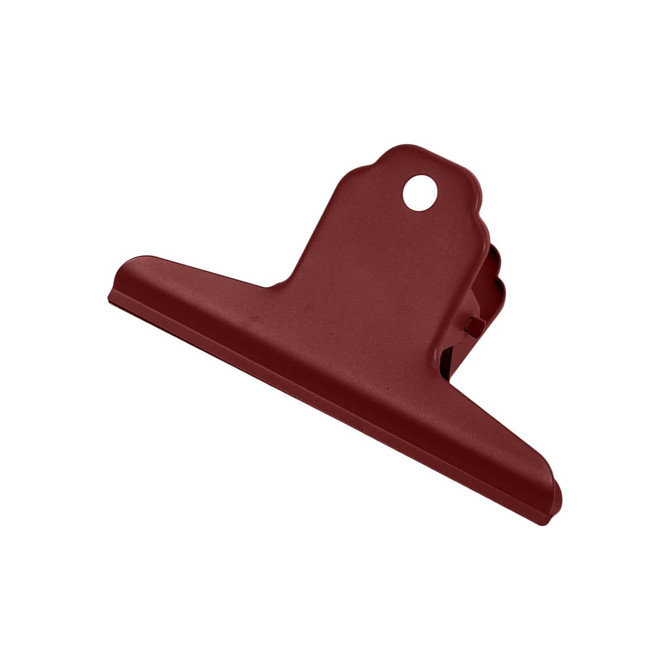 A red metal binder clip with a rounded top and a hole for easy attachment, featuring a minimalist design.