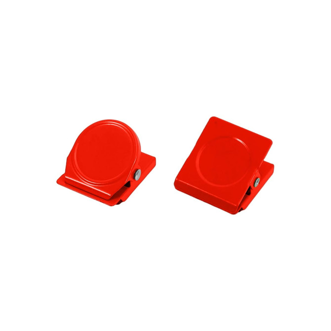 Two red metal magnetic clips positioned side by side, featuring a round design and a simple clasp mechanism.
