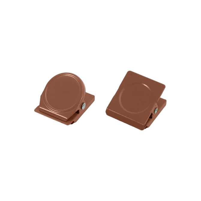 Two metal magnetic clips in a rich brown colour, featuring rounded and rectangular designs, with a logo on one.