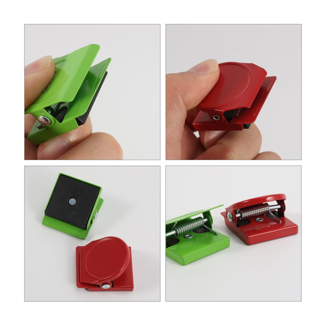 A set of metal magnetic clips in green and red, showing their open and closed positions from different angles.