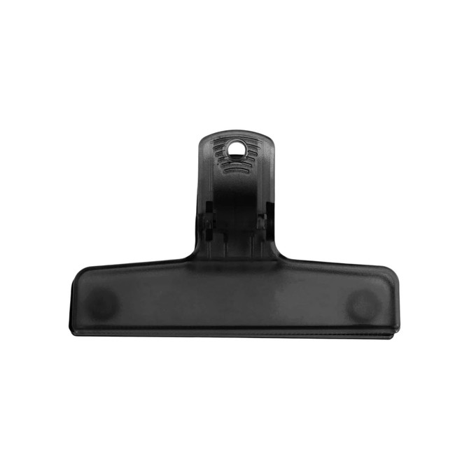 A translucent black plastic magnetic clip featuring a sturdy grip and a hanging hole for easy storage.