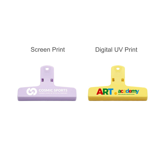 A purple and a yellow plastic clip with printed logos, featuring screen print and digital UV print designs.