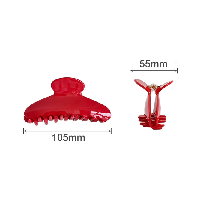 A red acetate hair clip with a glossy finish, measuring 105mm by 55mm, featuring a logo.