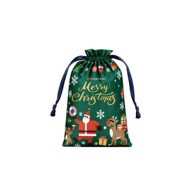 A green polyester drawstring gift bag featuring Christmas designs, including Santa, reindeer, and presents.