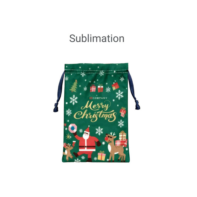 A green polyester drawstring gift bag featuring festive Christmas illustrations, including Santa and reindeer. It has a logo.