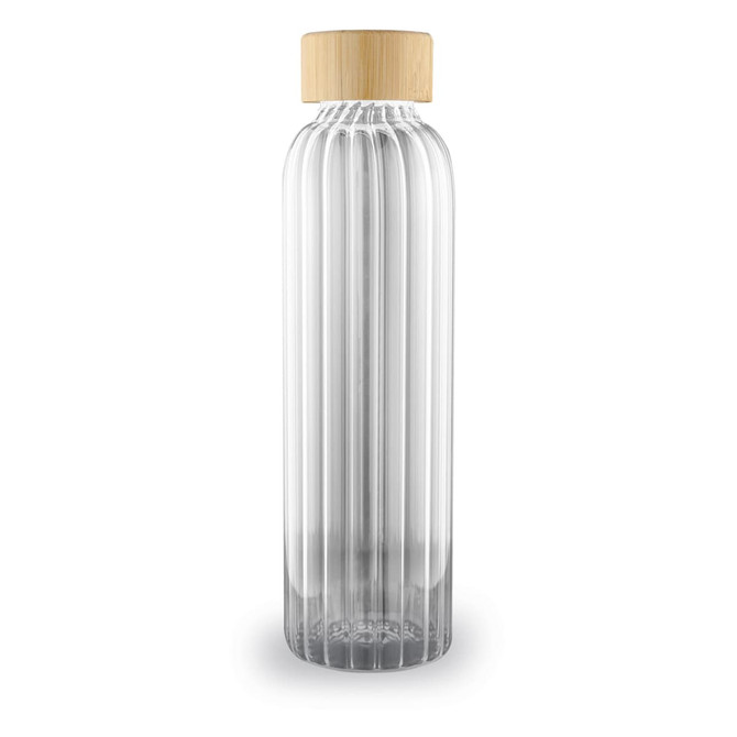 A drink bottle with a ribbed glass design and a bamboo lid, featuring a clear and elegant appearance.