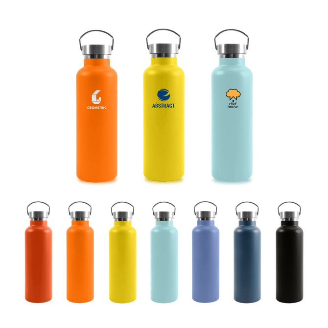 A drink bottle collection featuring insulated stainless steel bottles in orange, yellow, blue, and black, with various logos.
