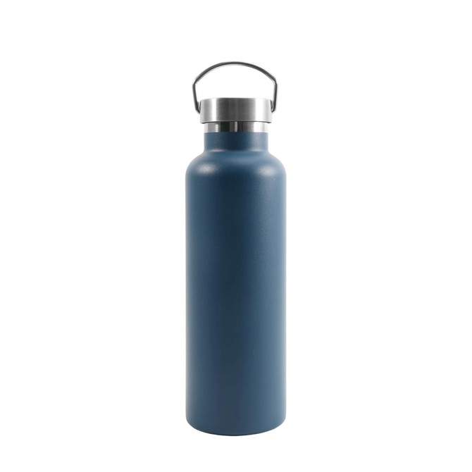 A drink bottle made from recycled stainless steel, featuring a navy blue matte finish and a silver lid with a handle.