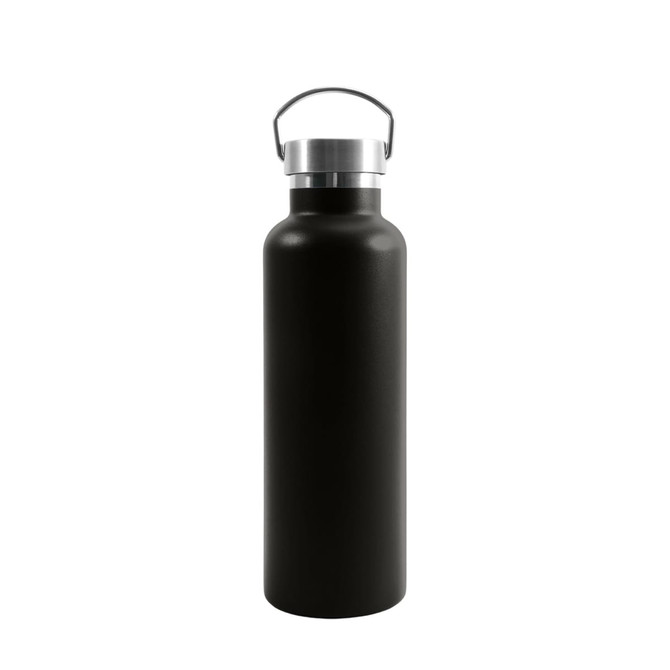 A drink bottle in matte black stainless steel with a silver lid and handle, featuring a logo.