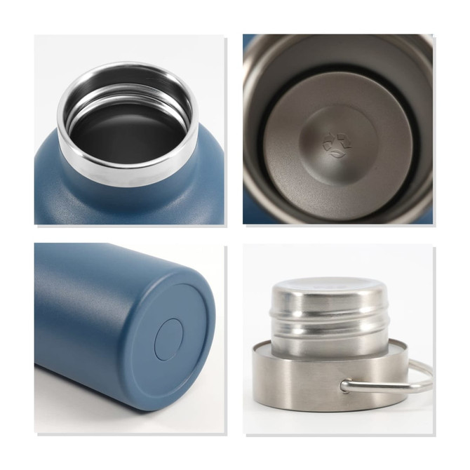 A drink bottle featuring a blue exterior, stainless steel base, and a silver cap, with a simple logo design.