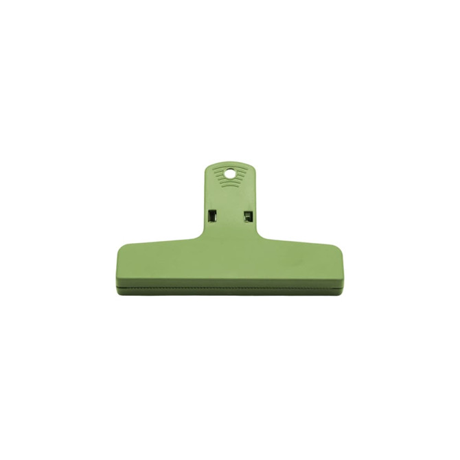 A green plastic magnetic clip with a flat base and a hanging hole at the top. It features a logo on the surface.