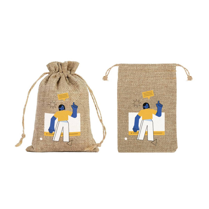 Two linen drawstring gift bags in natural colour, featuring illustrations in blue and yellow. One bag has a logo.