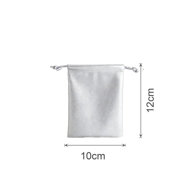 A white PU leather drawstring gift bag measuring 10cm by 12cm, featuring a drawstring closure and branding.
