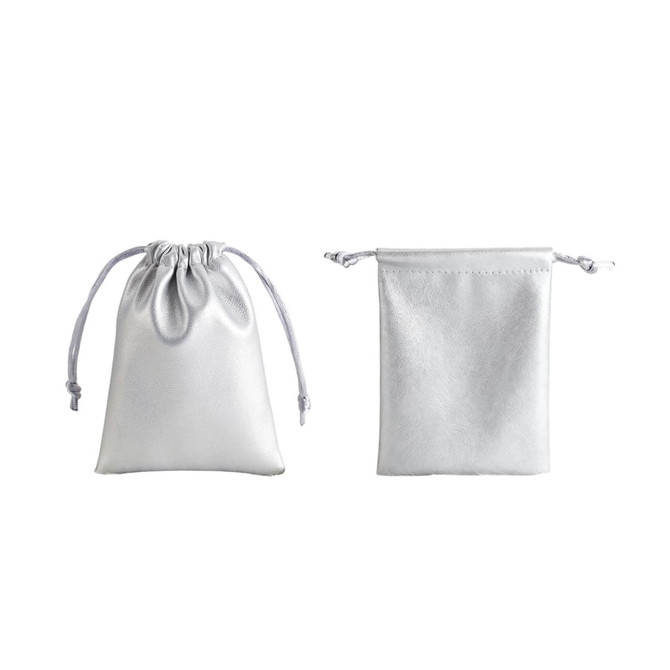 Silver PU leather drawstring gift bags, featuring a glossy finish and a simple design. One bag is closed, the other is open.
