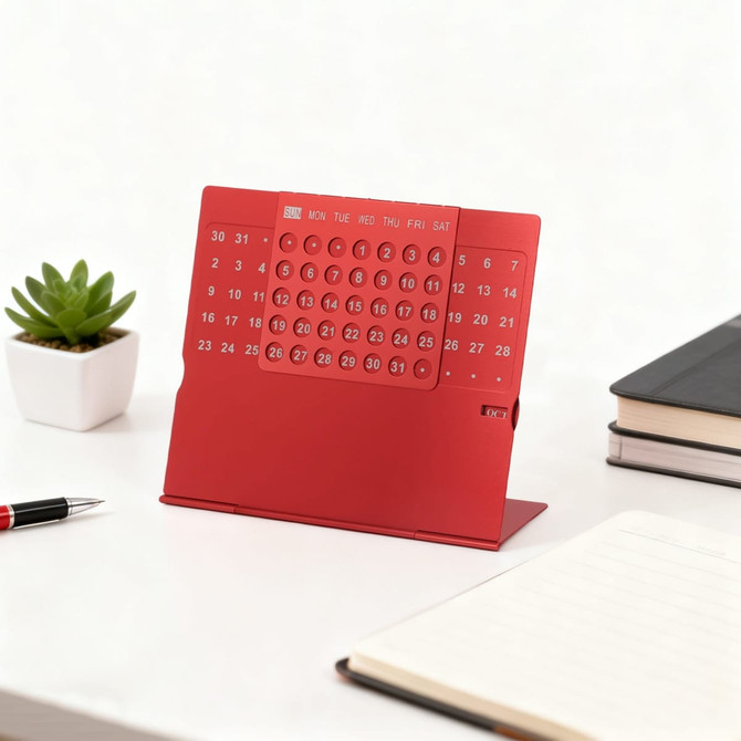 A red aluminium desk calendar displayed on a white surface, next to a small plant and notebooks.