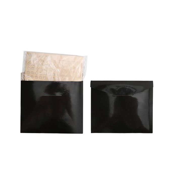 Two black glossy envelopes, one containing a clear plastic pouch holding items, and the other is empty.