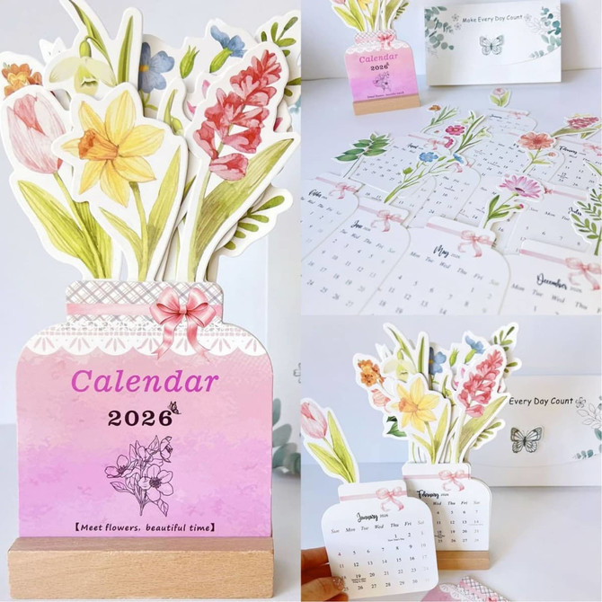 A floral desk calendar features pink and pastel colours, with a decorative jar design and multiple monthly calendar cards.