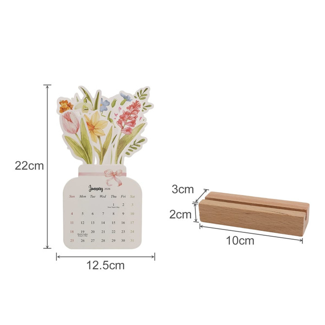 A flowers-themed desk calendar features a floral design on top, with a wooden base for support.