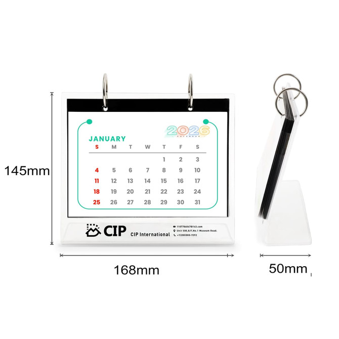 Acrylic desk calendar and photo album organiser displaying a colourful calendar layout with a branding logo, in clear acrylic.