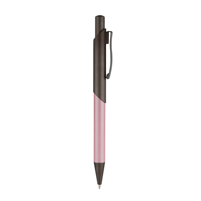 A metal pen with a pink barrel and a black clip, featuring a sleek design and a logo.