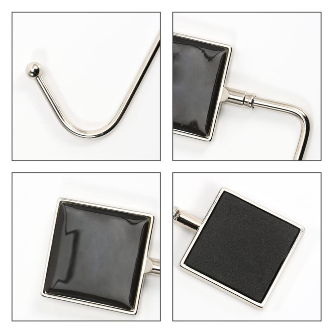 A square, black desk hook with a shiny silver metal finish, featuring a curved hook end.
