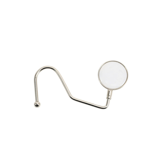 A round curved desk hook in a shiny silver finish, featuring a circular hook and a long, flexible arm.
