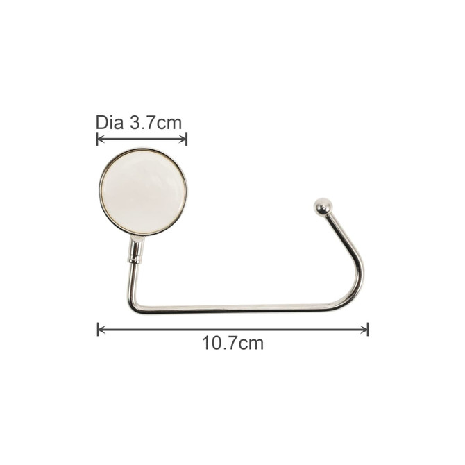 A round straight desk hook in silver with a white circular holder, measuring 3.7 cm in diameter and 10.7 cm long.