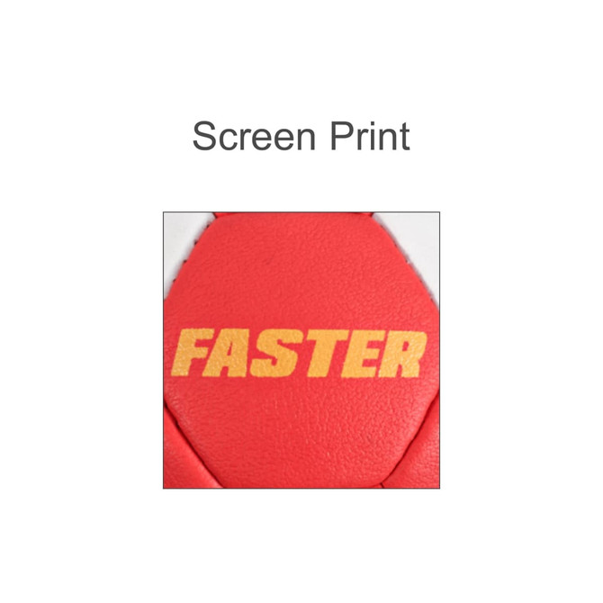 A red, machine-stitched PU handball featuring a logo and the word "FASTER" printed in gold.
