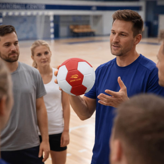A man holds a red and white handball while discussing with a group in a sports hall. The group looks engaged and attentive.