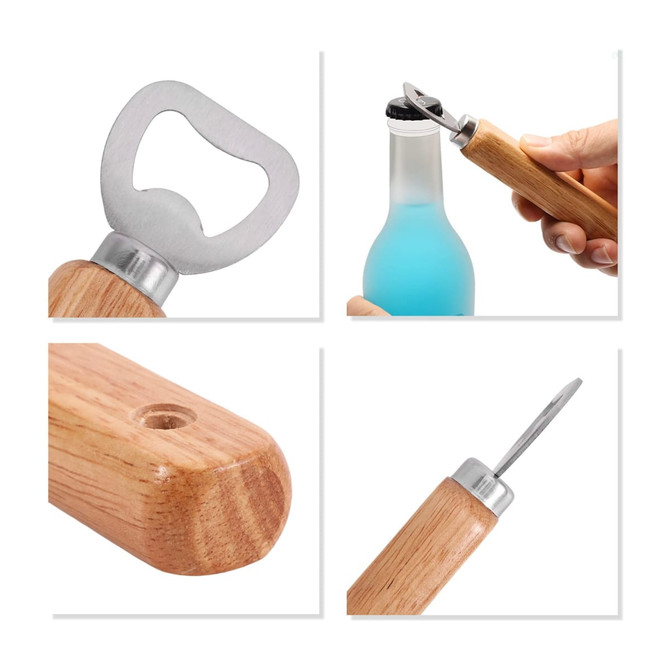 A drink bottle opener featuring a stainless steel head and a wooden handle, showcasing natural wood grain.