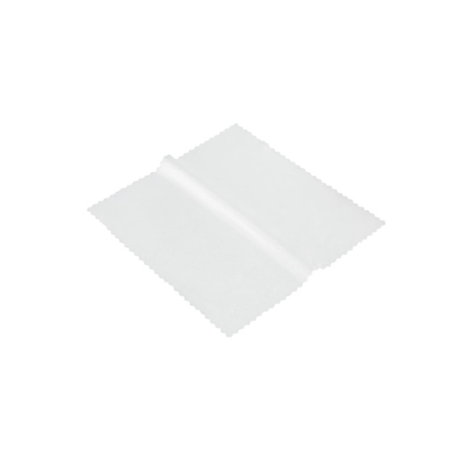 A white RPET lens cloth with a scalloped edge, featuring a smooth surface for cleaning. It has a logo on one side.