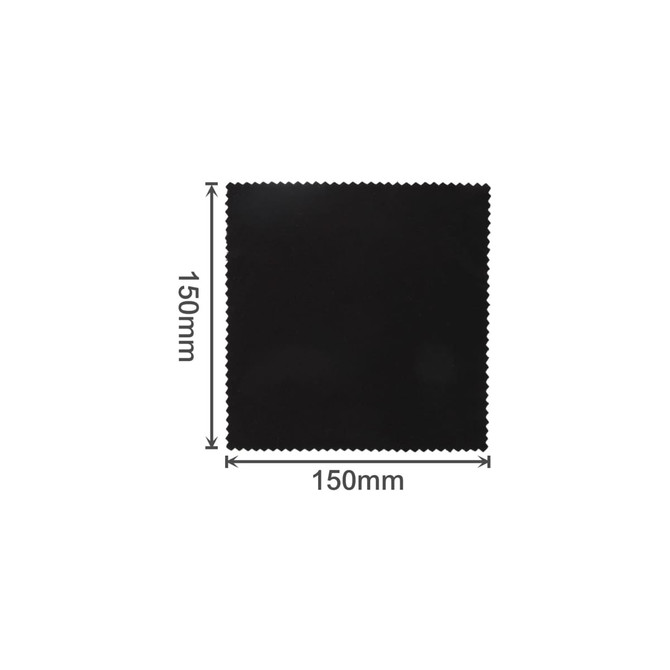 A black RPET lens cloth, square-shaped, measuring 150mm on each side, with a fabric edge.